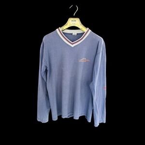 Y2K Air Sport Long Sleeve Shirt Sz Medium Cyber Stripe 90's Blue Ringer V Neck